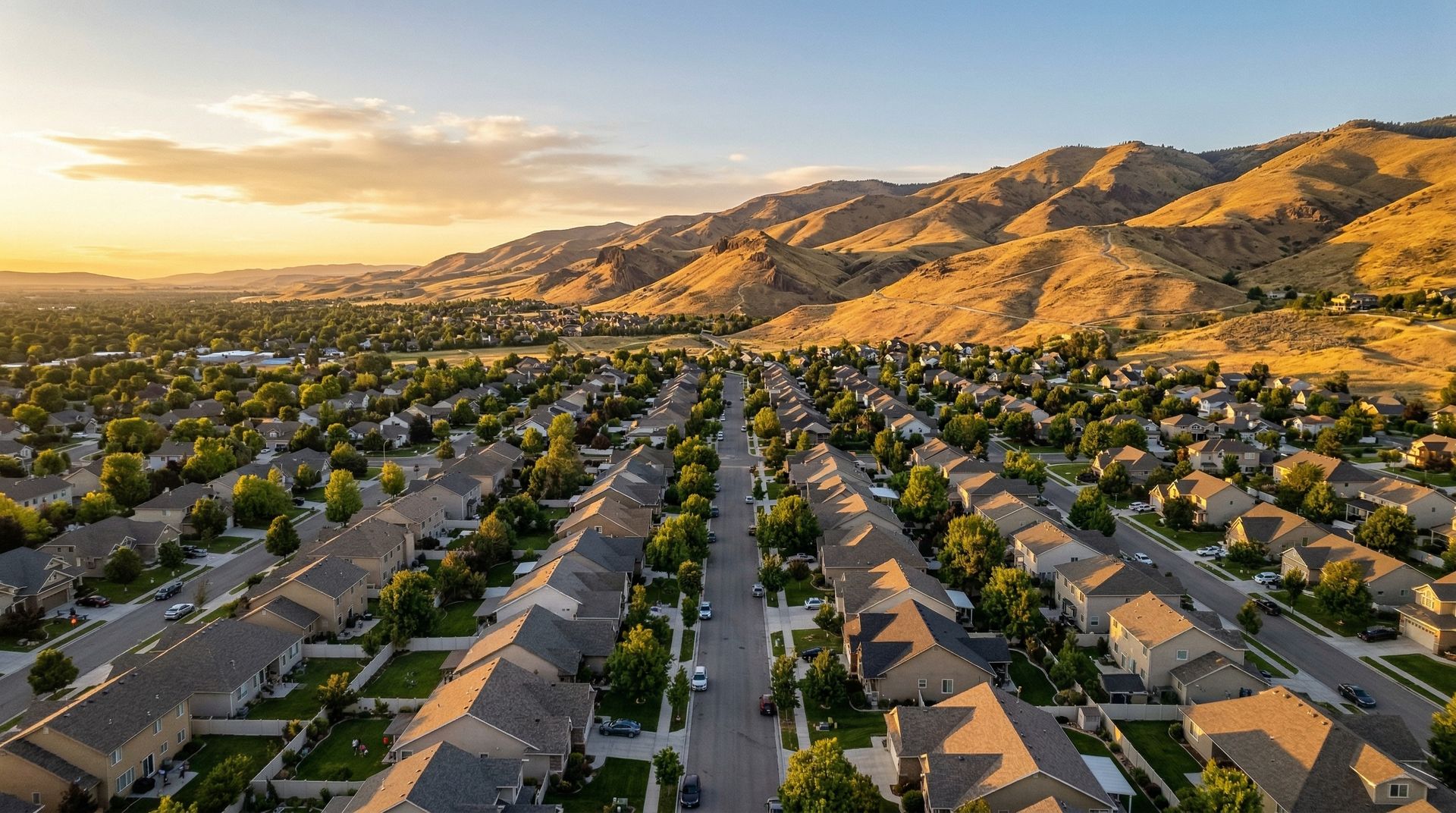 Aerial view of Boise residential neighborhood with the Boise Foothills at golden hour