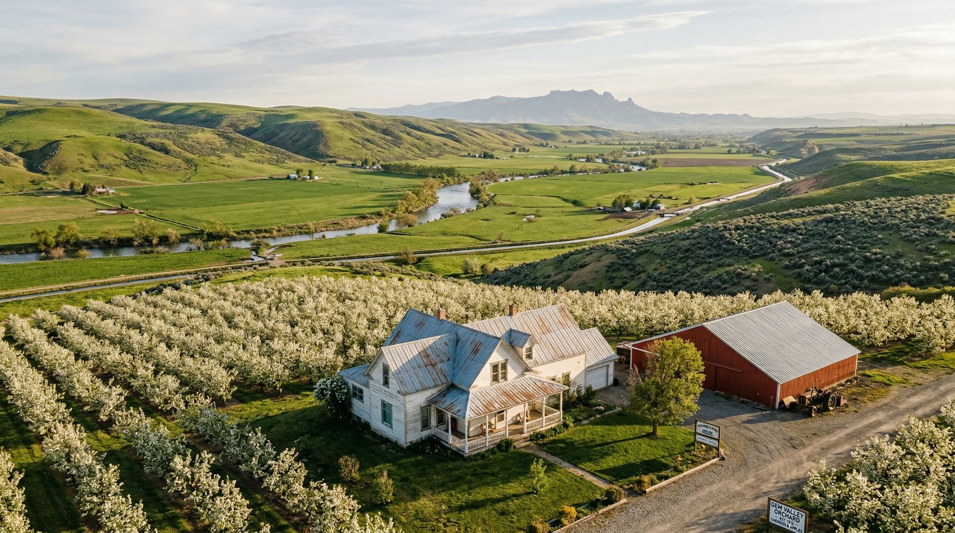 Emmett, Idaho valley with farmhouse and cherry orchards in bloom