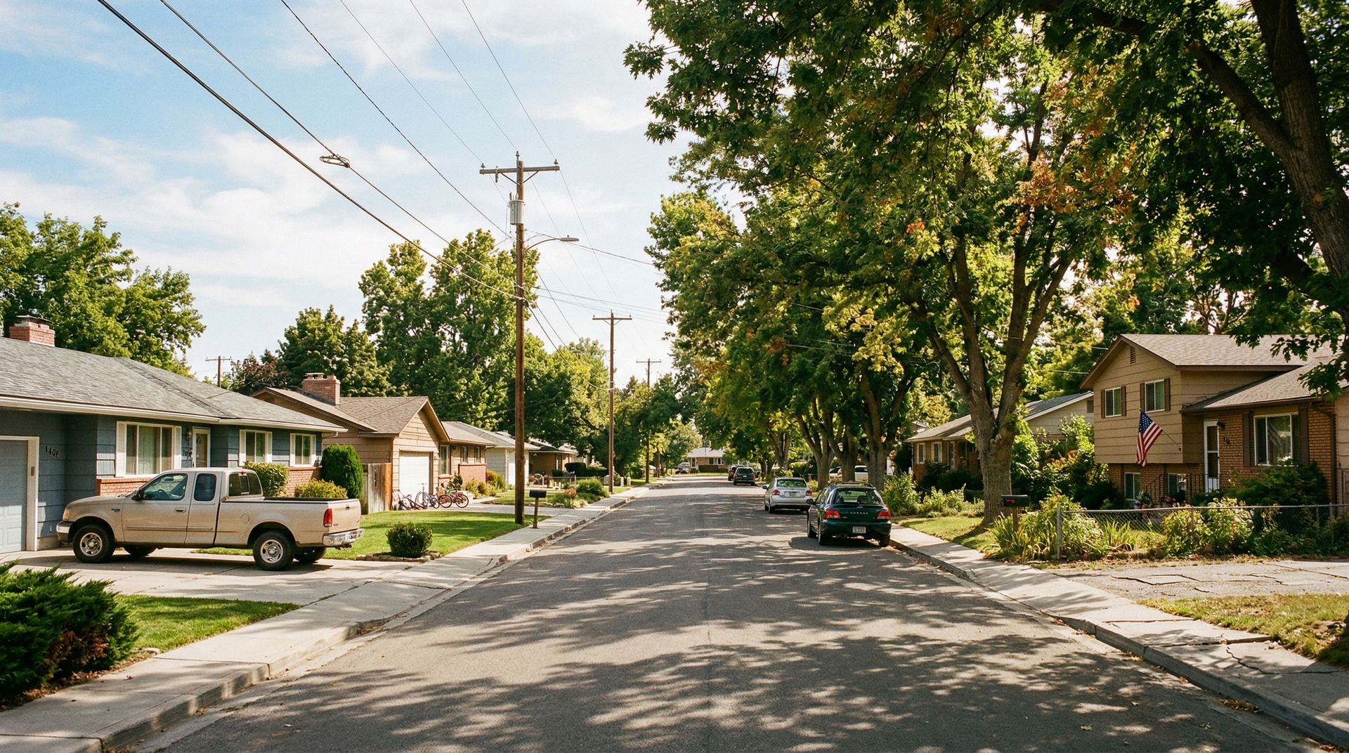 Established residential street in Nampa, Idaho with mature trees
